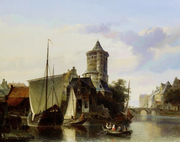 Market day in a Dutch town with numerous figures by Cornelis Springer